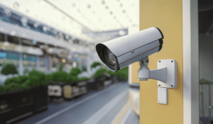 A sleek security camera outdoors in a modern, bright area with a road in the background.